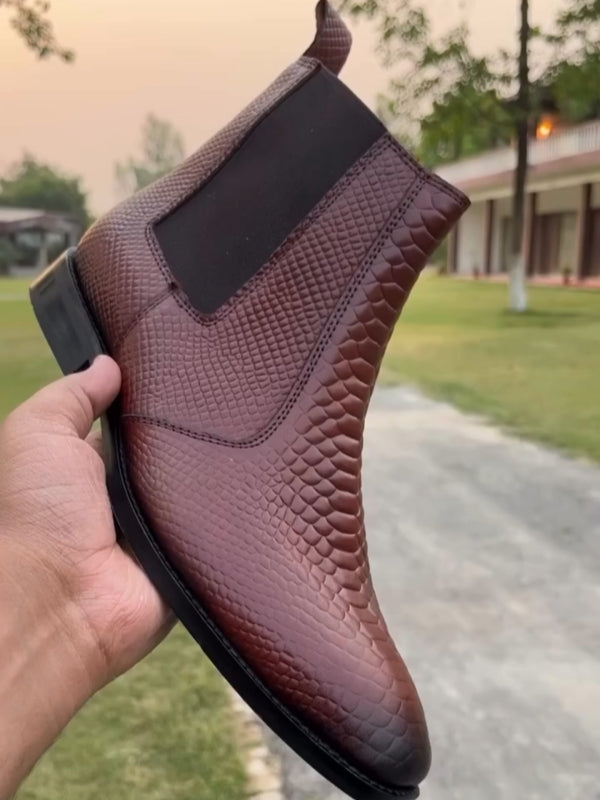 Snake Pattern Chelsea Boot Brown In Leather