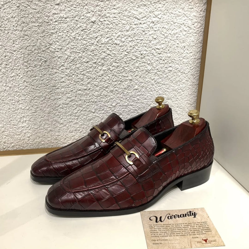Men's Burgundy Croc-embossde Loafers