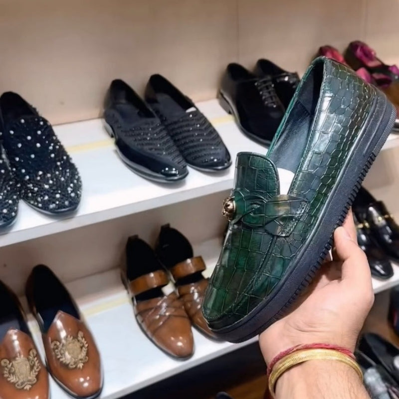 Dark Green Crocodile Scaled Sneakers
