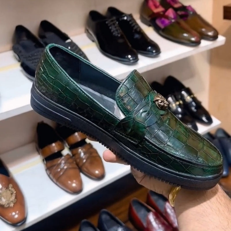 Dark Green Crocodile Scaled Sneakers