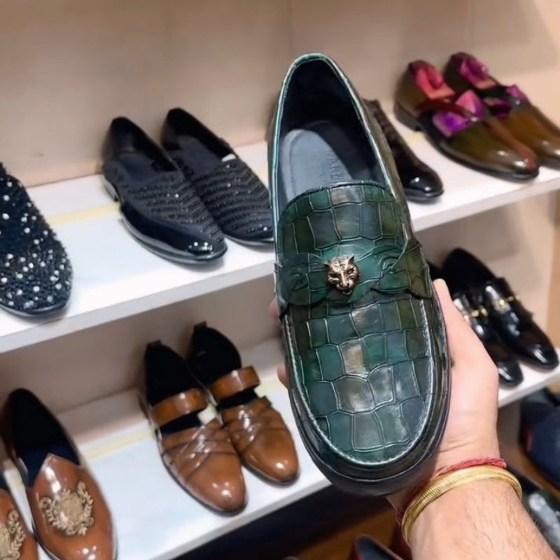 Dark Green Crocodile Scaled Sneakers