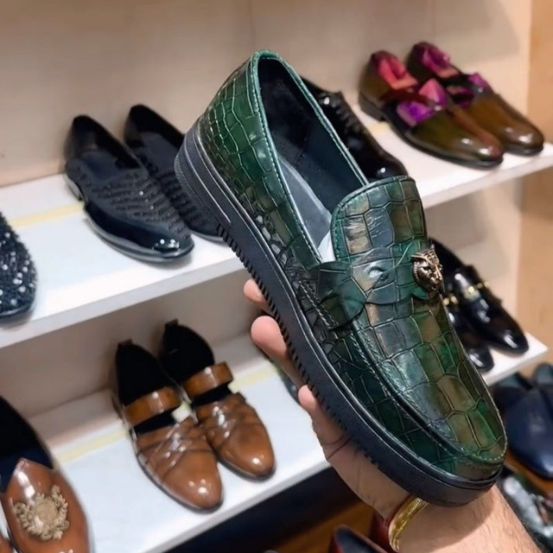Dark Green Crocodile Scaled Sneakers