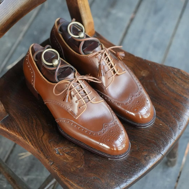 Elegant Men's Brown Leather Wing Tip Lace Up Brogue Shoes