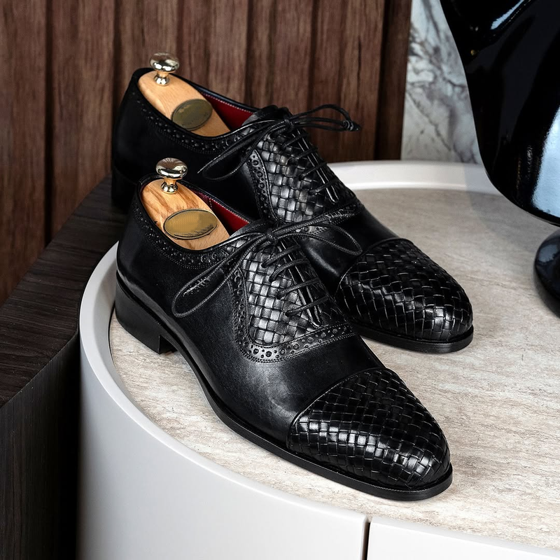Men's Black Woven Leather Cap Toe Oxford Shoes