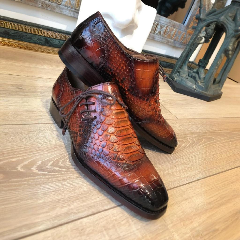 Brown Crocodile Leather Side Lace-Up Oxfords