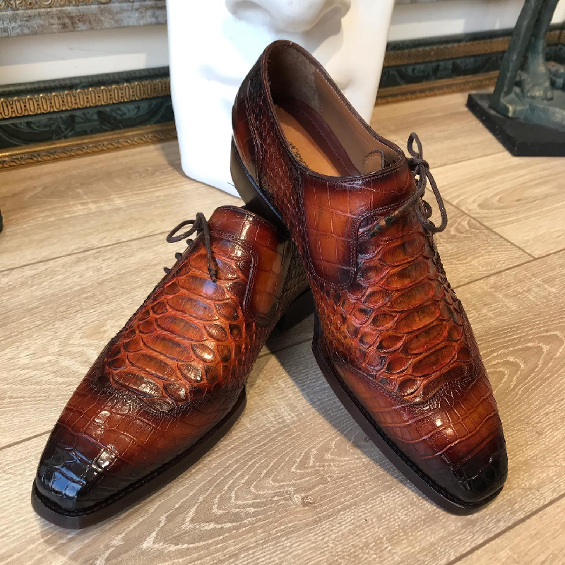 Brown Crocodile Leather Side Lace-Up Oxfords