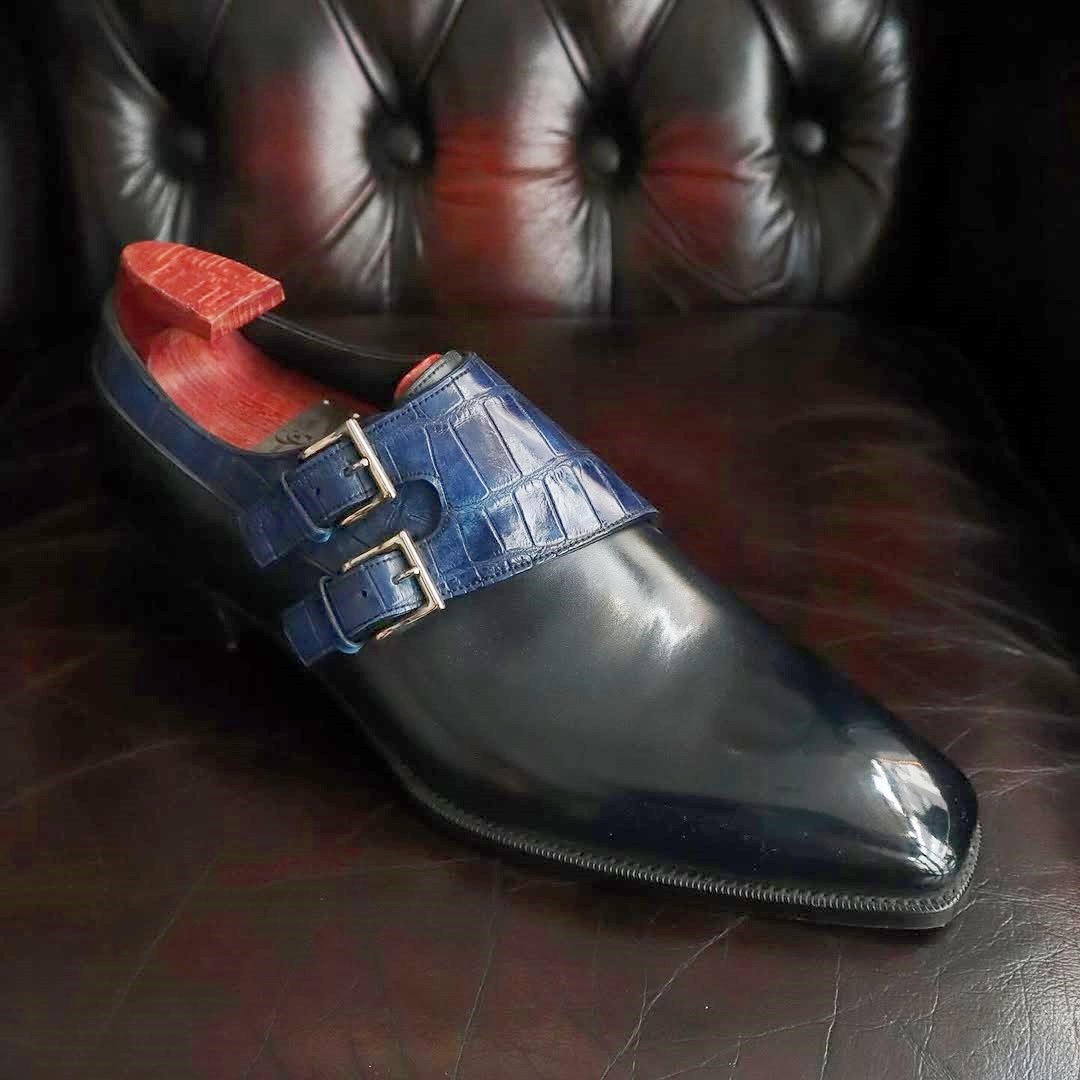 Navy Blue Patina Double Monk Strap Derby Loafers