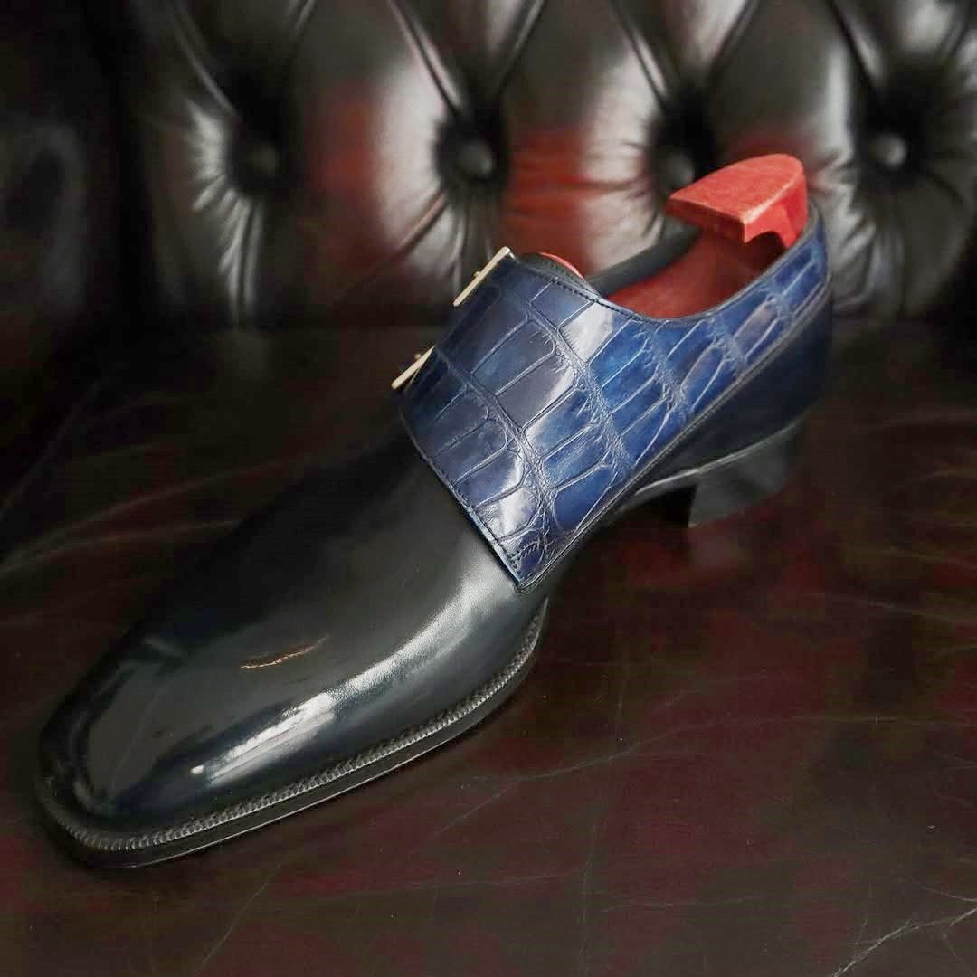 Navy Blue Patina Double Monk Strap Derby Loafers