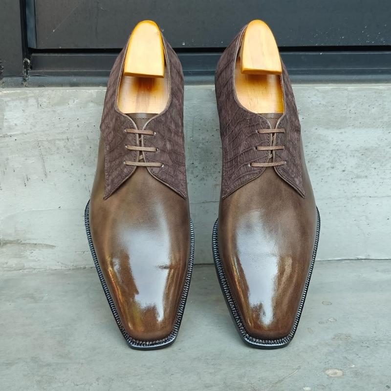 Calf & Brown Nubuck Crocodile Derby Leather Shoes