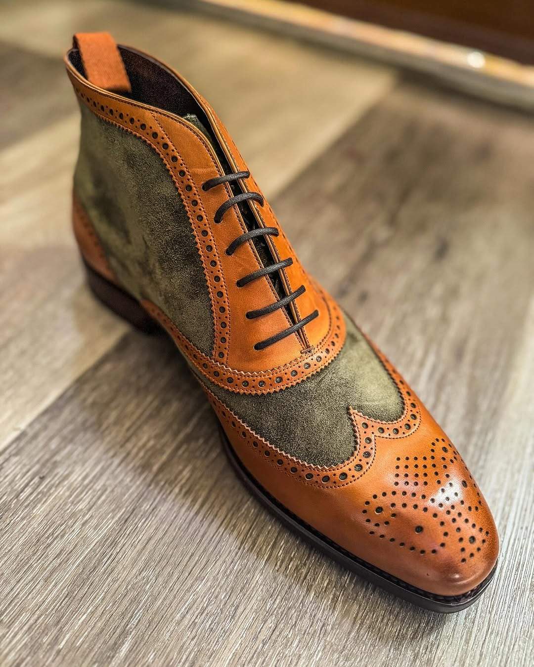 Loden Suede And Tan Leather Boots