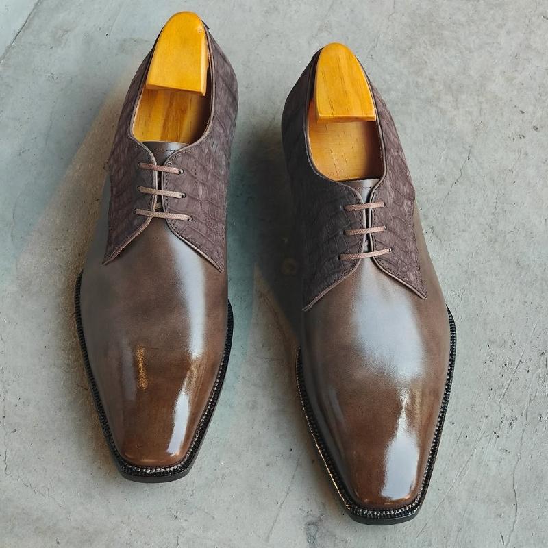 Calf & Brown Nubuck Crocodile Derby Leather Shoes