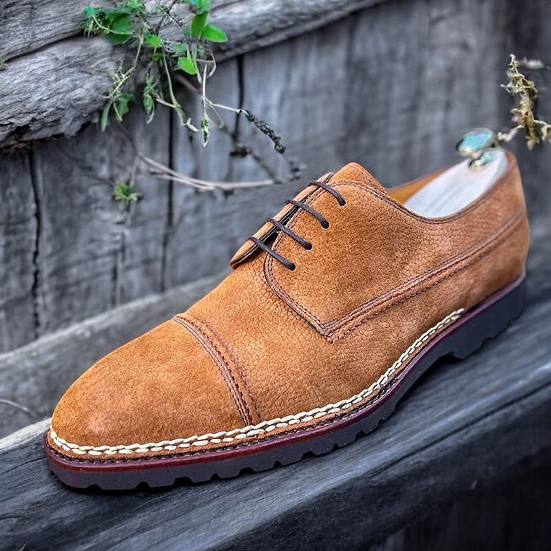 Cognac Textured Suede Derby Shoes