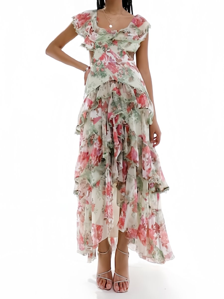 Floral Printed Tiered Hem Lace Trimmed Midi Dress