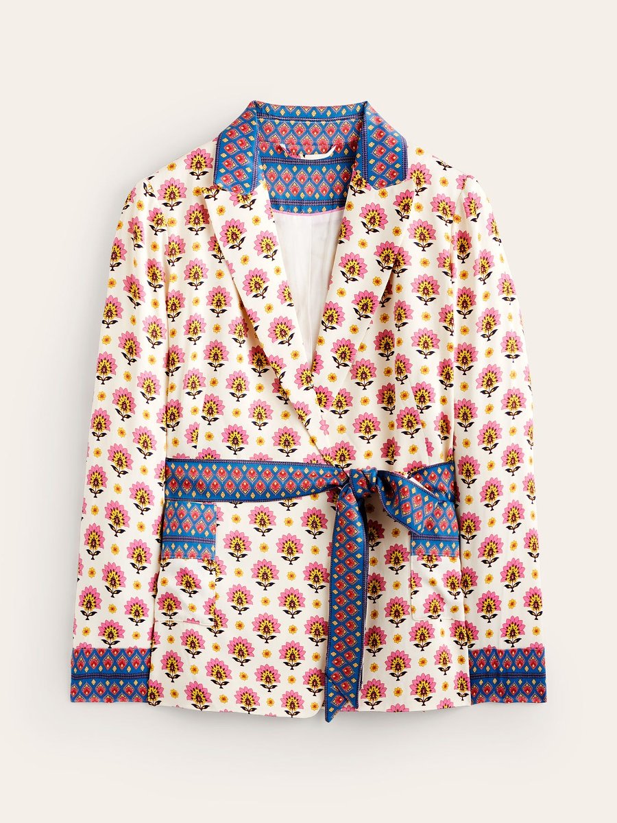 Printed Satin Belted Two-Piece Suit