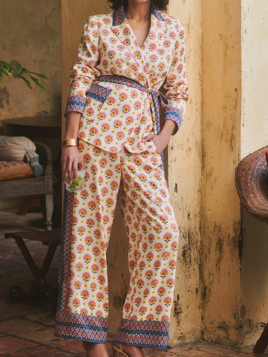 Printed Satin Belted Two-Piece Suit
