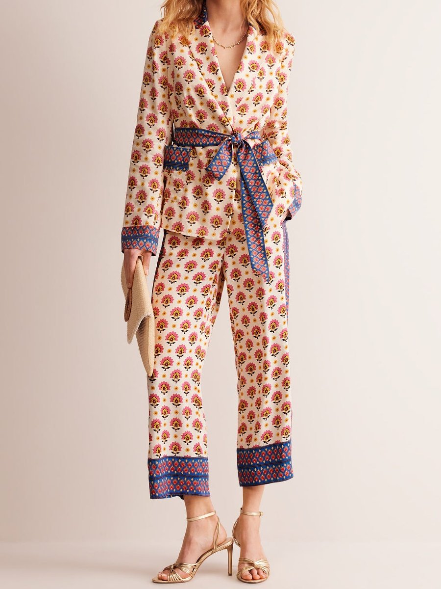 Printed Satin Belted Two-Piece Suit