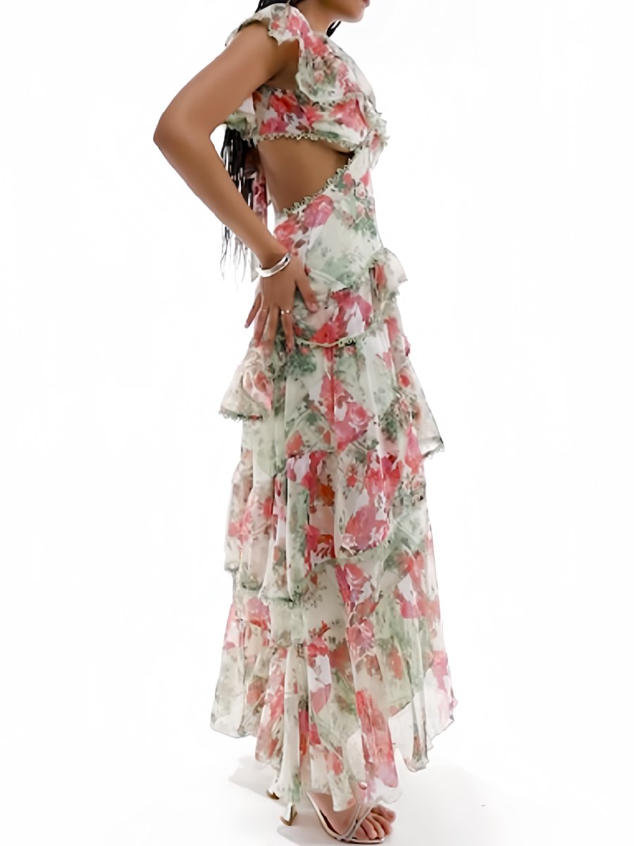 Floral Printed Tiered Hem Lace Trimmed Midi Dress