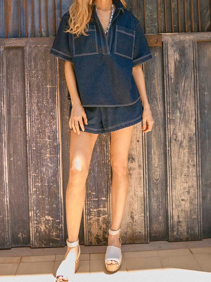 Blue Jean Short Sleeve Two Piece Set