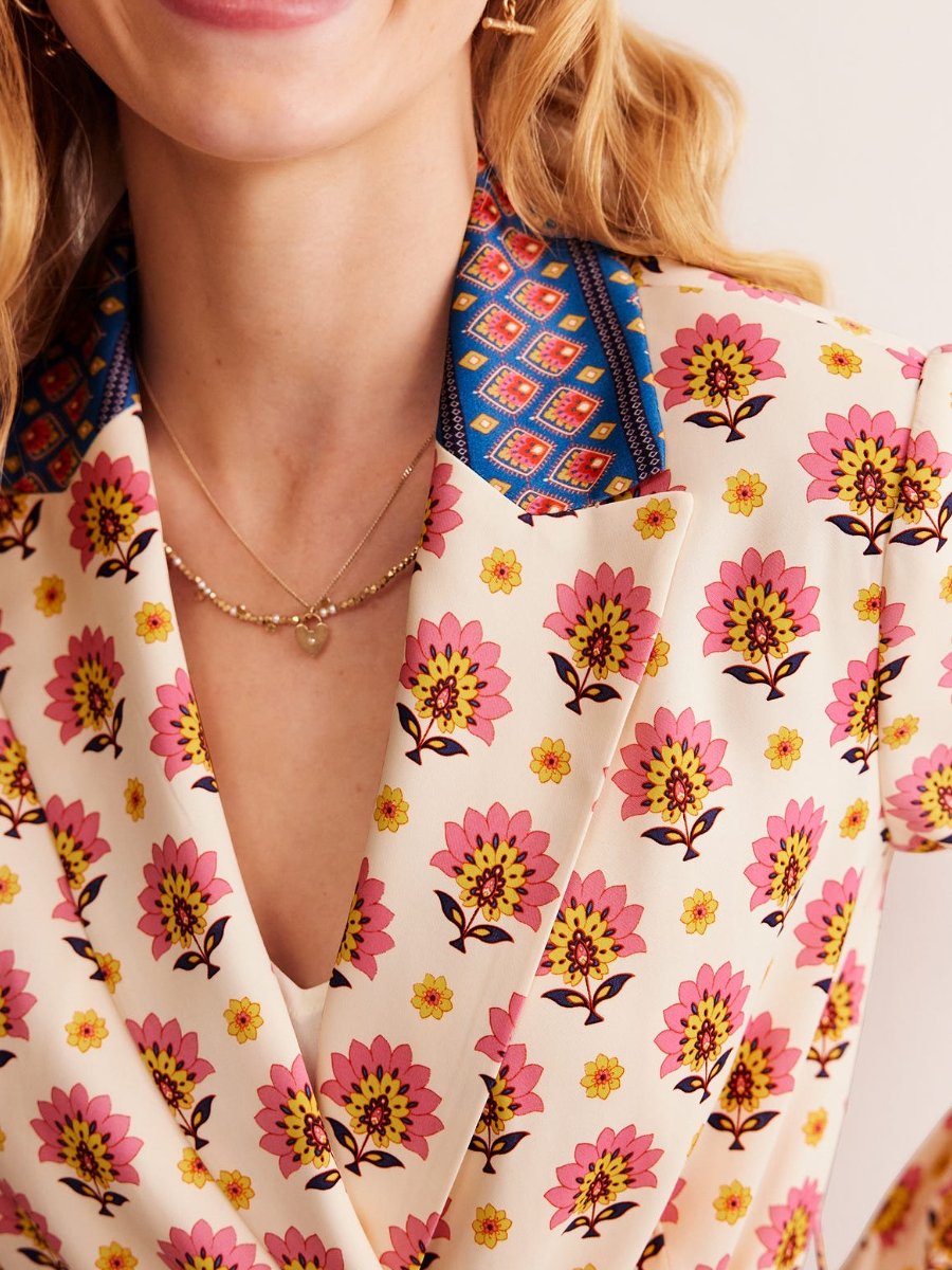 Printed Satin Belted Two-Piece Suit