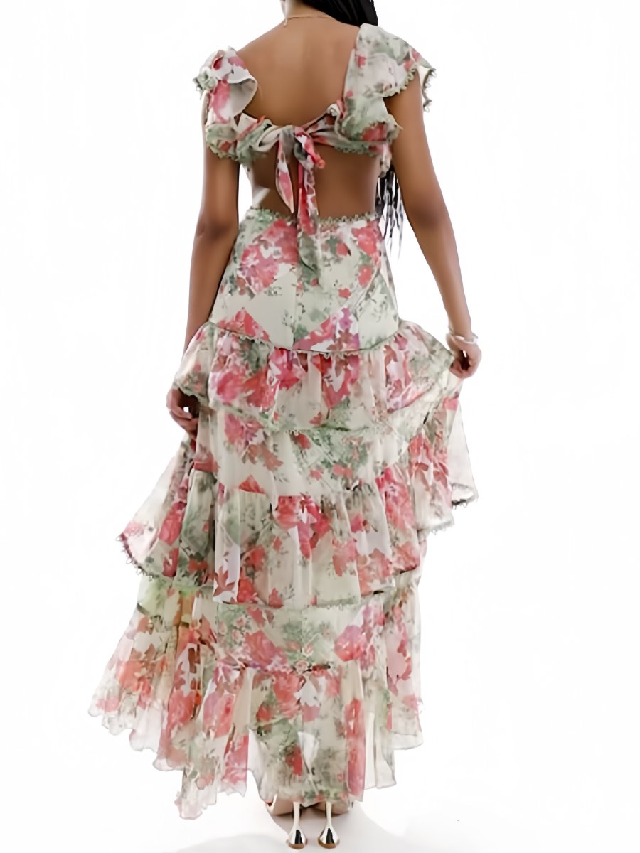 Floral Printed Tiered Hem Lace Trimmed Midi Dress