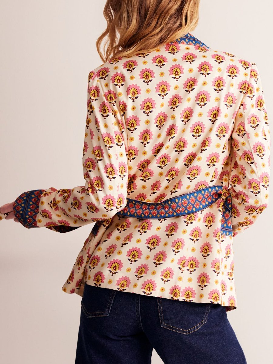 Printed Satin Belted Two-Piece Suit