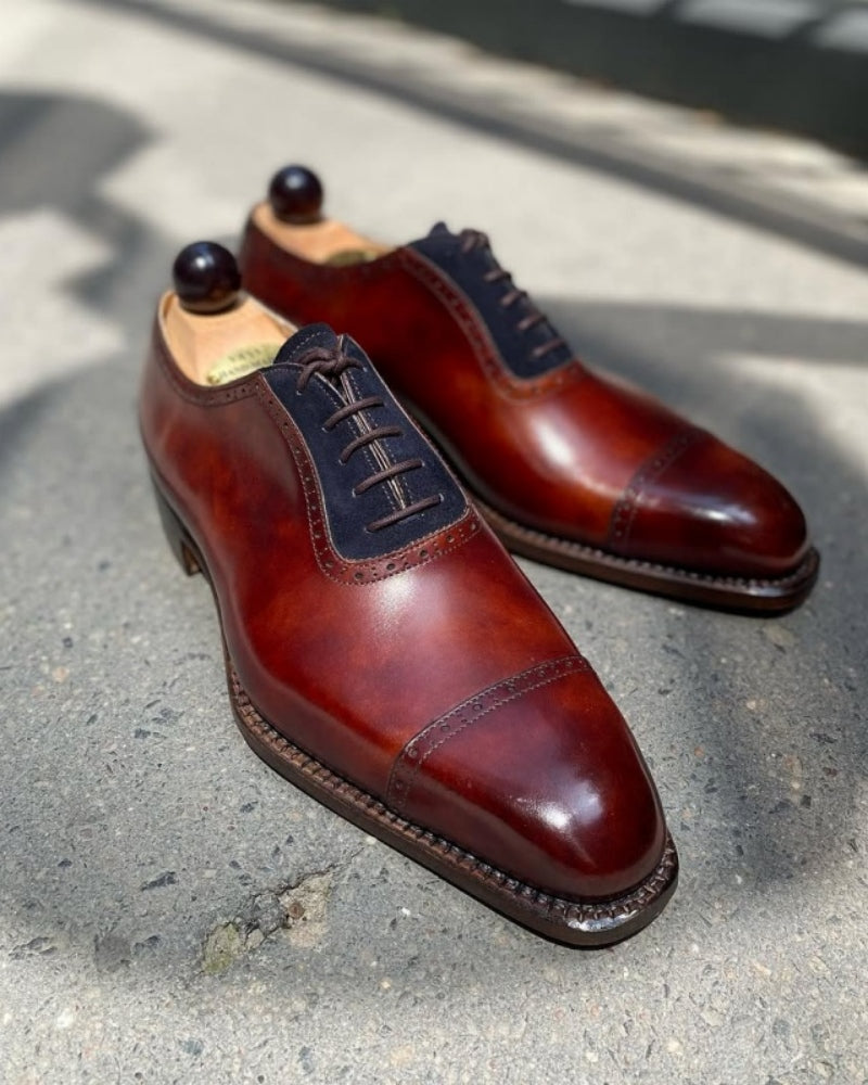 Italian Oxford In Gold Museum Calf & Blue Suede