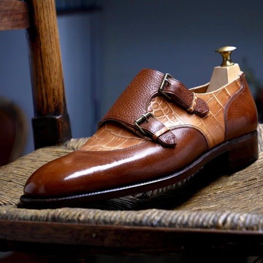Cognac Brown Veg-tan Leather & Croco Double Monk Strap Shoes