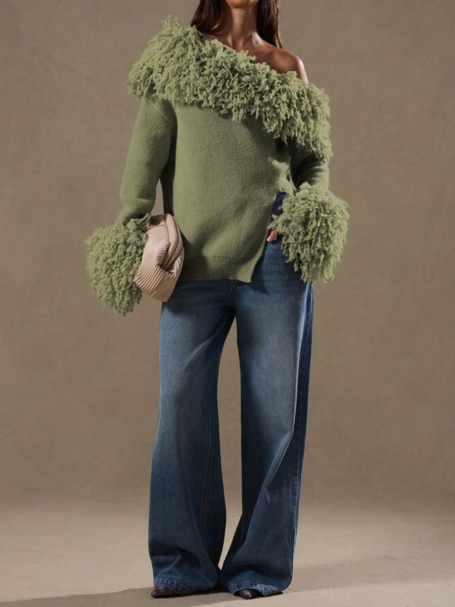 Knitted Skew Neck Tassels Top