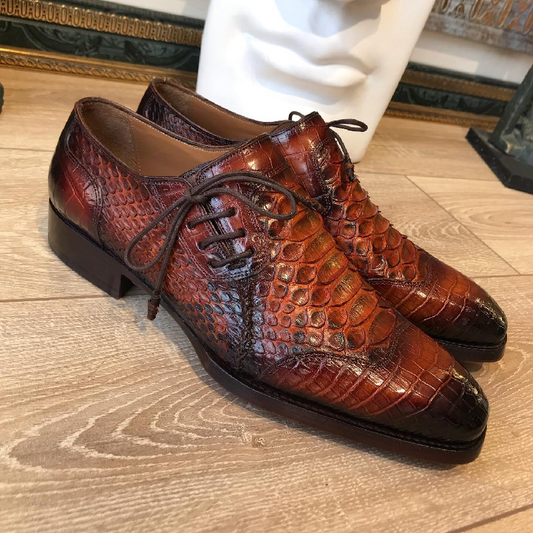 Brown Crocodile Leather Side Lace-Up Oxfords