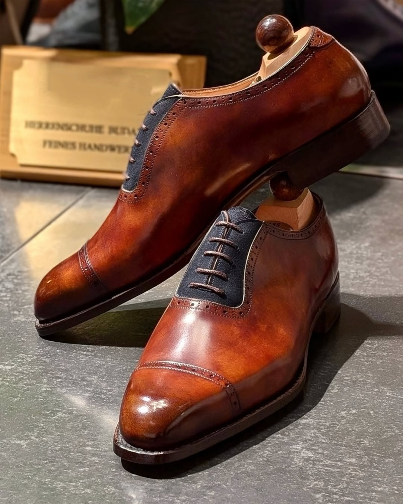 Italian Oxford In Gold Museum Calf & Blue Suede