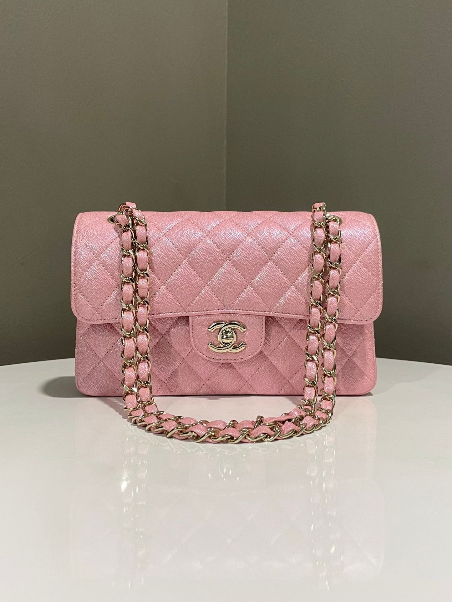 Classic Quilted Small Double Flap Iridescent Pink Caviar