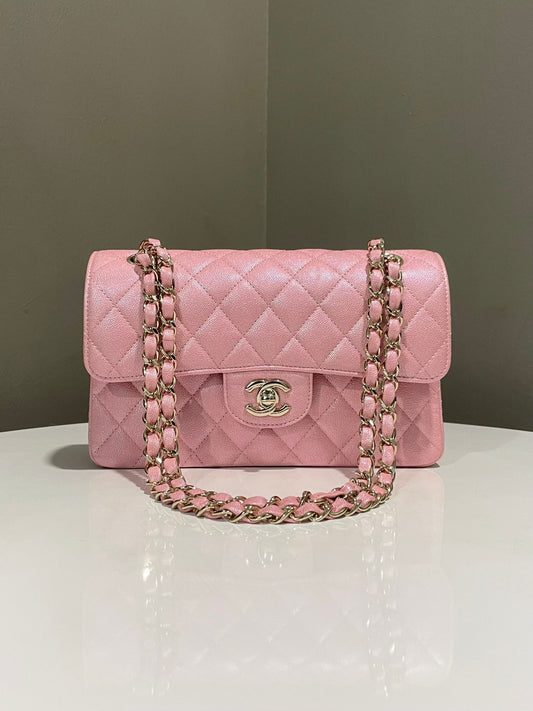 Classic Quilted Small Double Flap Iridescent Pink Caviar