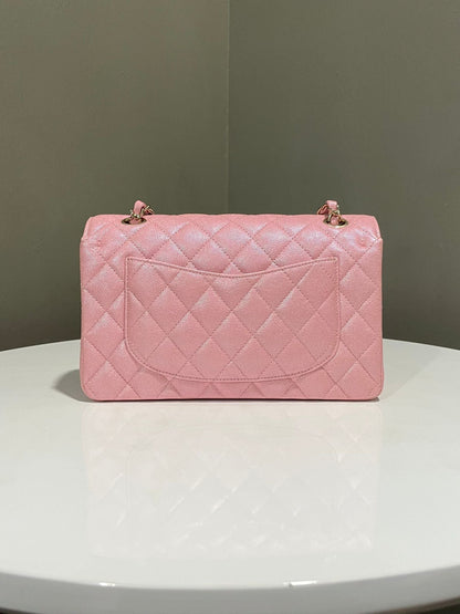 Classic Quilted Small Double Flap Iridescent Pink Caviar