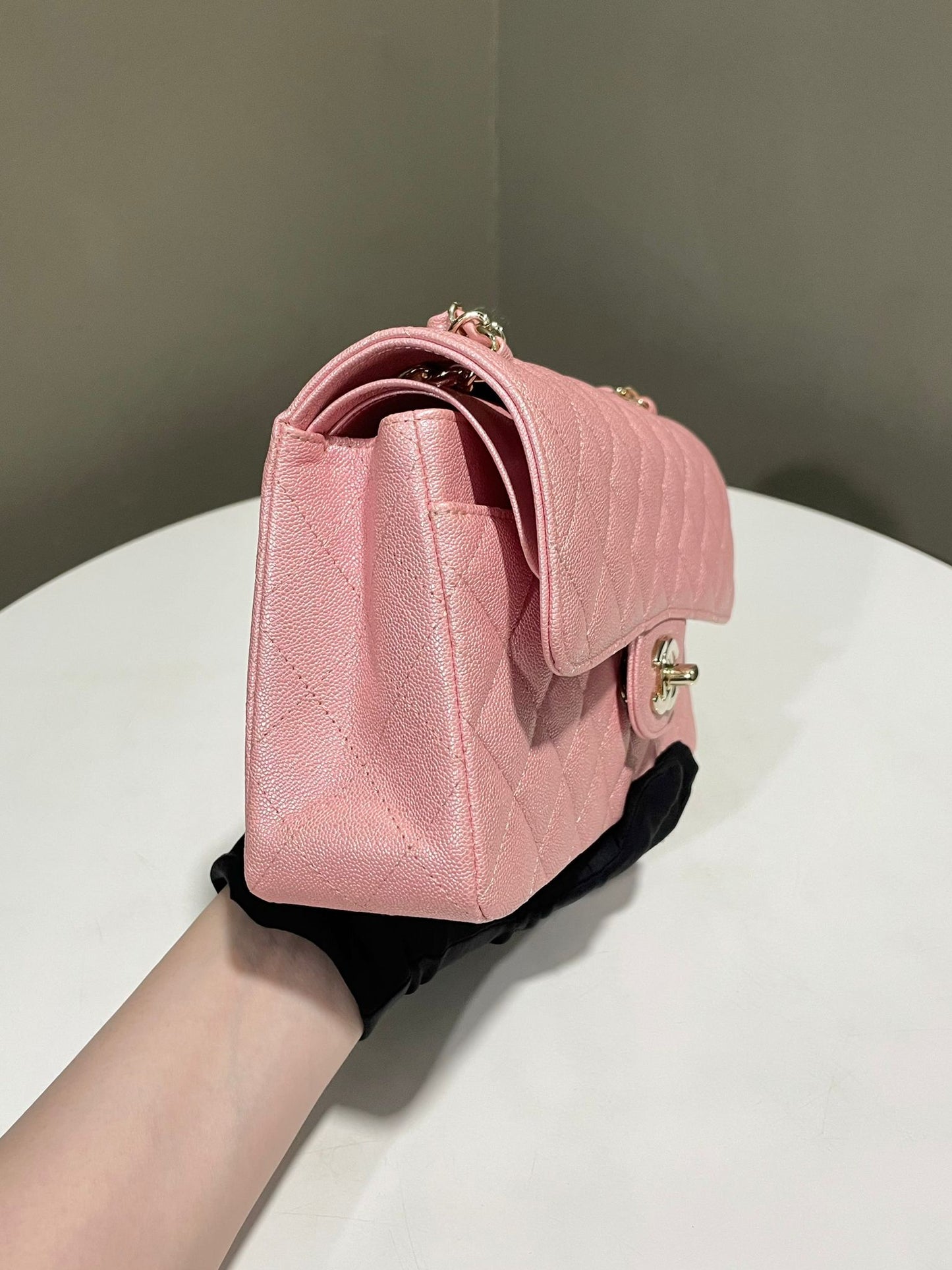 Classic Quilted Small Double Flap Iridescent Pink Caviar