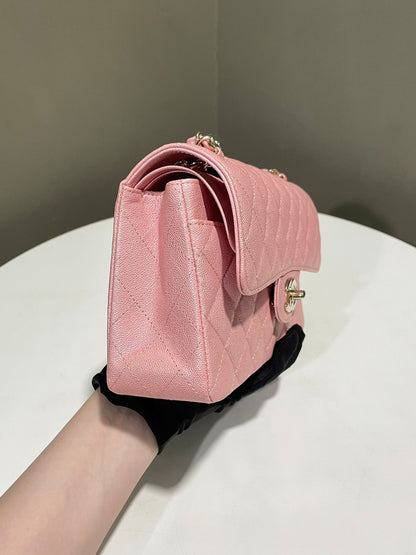 Classic Quilted Small Double Flap Iridescent Pink Caviar