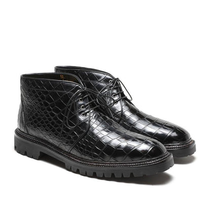 Black Crocodile Leather Boots With Sheepskin Lining