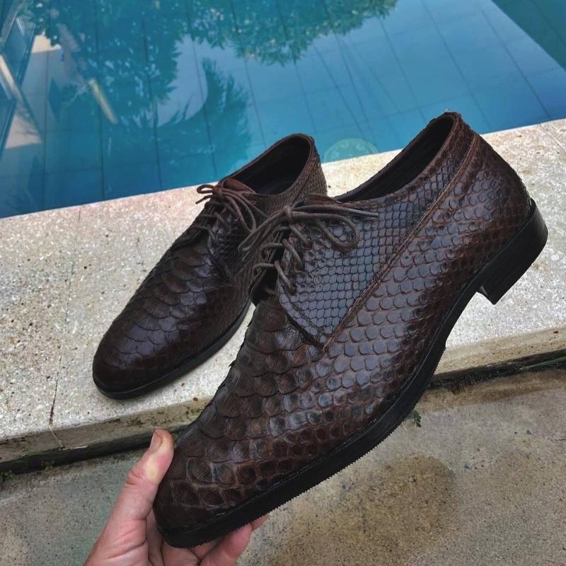 Italian Brown Snakeskin Leather Lace-up Derby Shoes