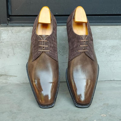Calf & Brown Nubuck Crocodile Derby Leather Shoes