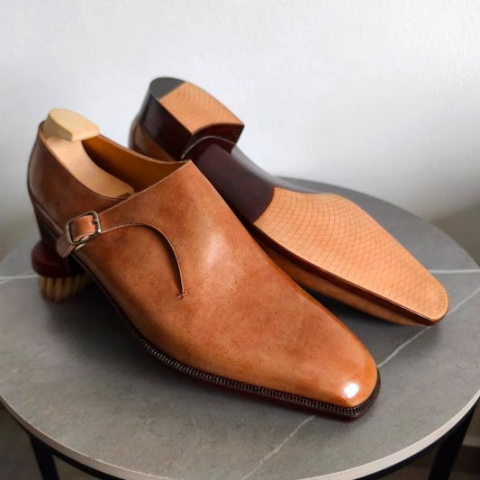 Brown Leather Single Monk Straps Shoes