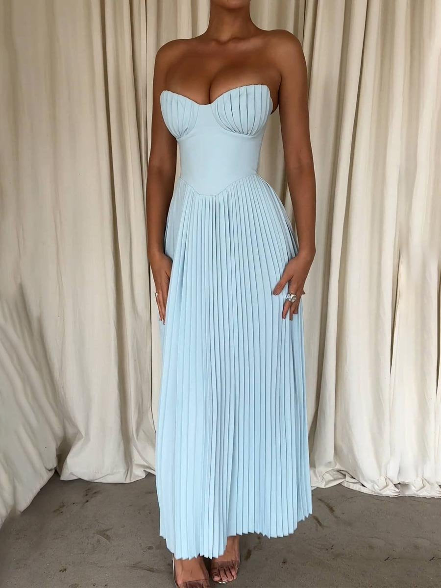 Strappless Party Pleated Maxi Dress