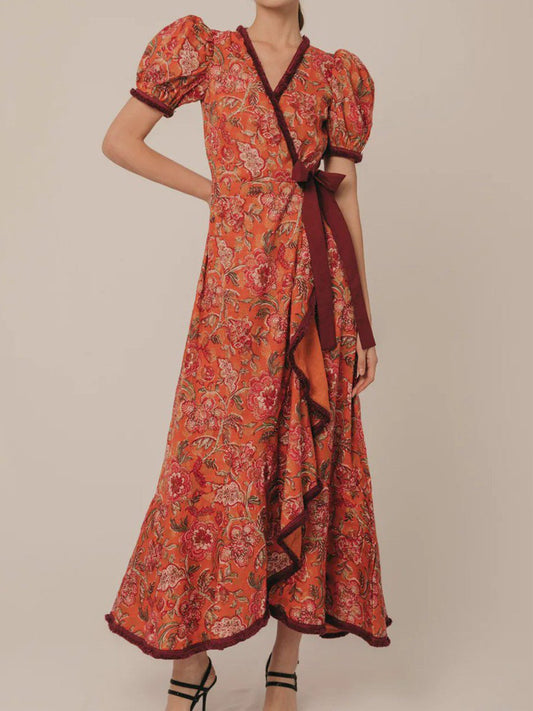 Bohemian Floral Print Lace Up Maxi Dress