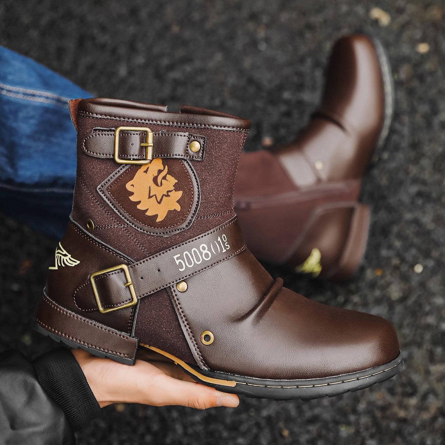 Vintage Metal Buckle Side Zipper Men's Boots
