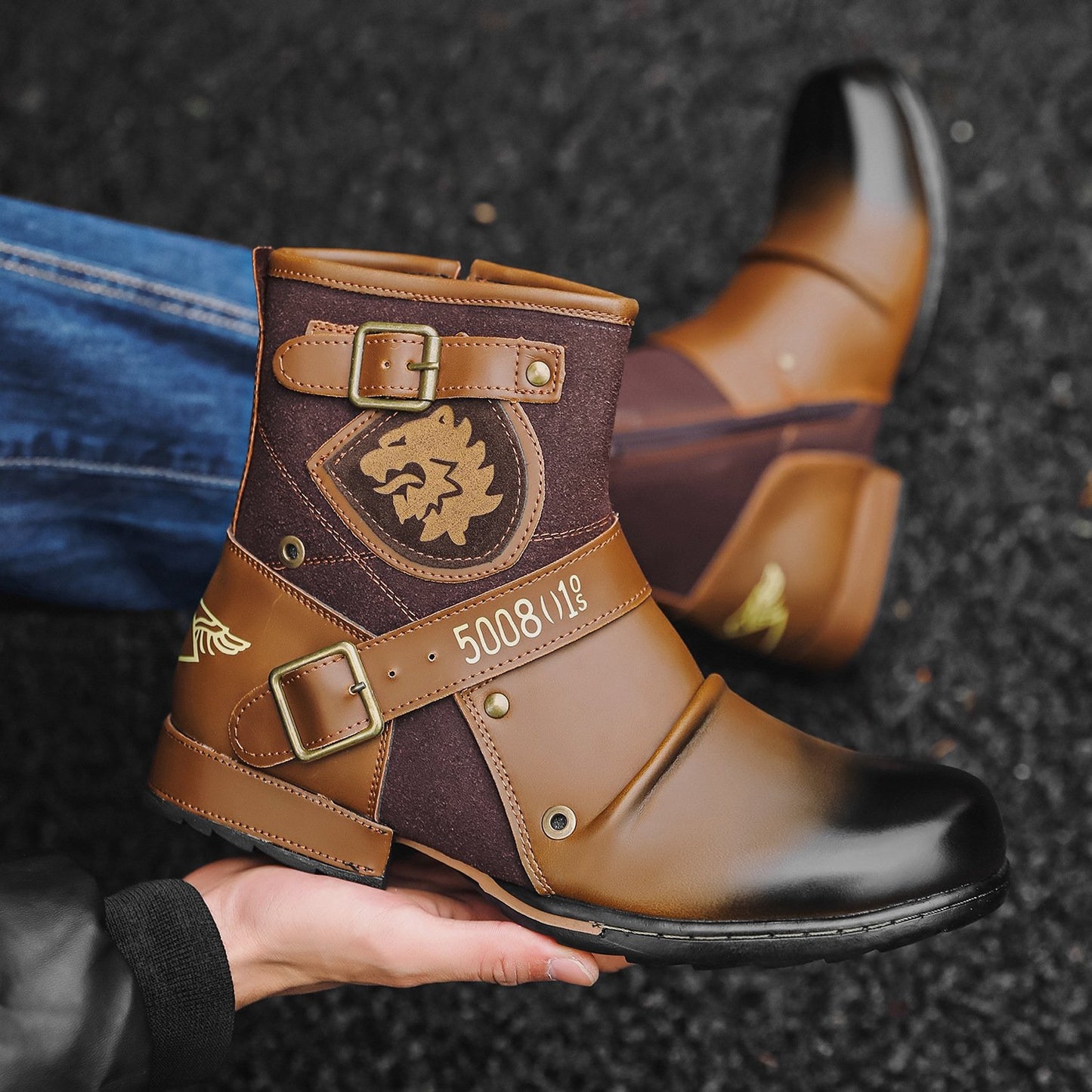Vintage Metal Buckle Side Zipper Men's Boots