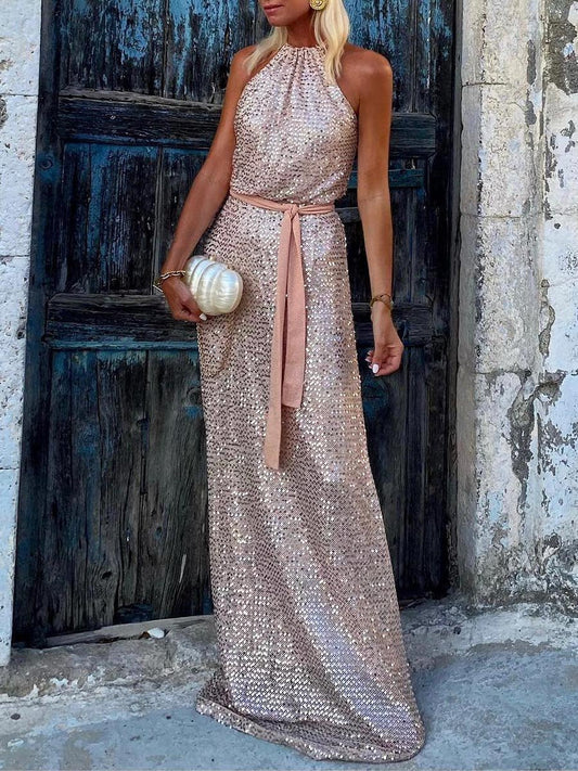 Halter Neck Sequin Party Maxi Dress