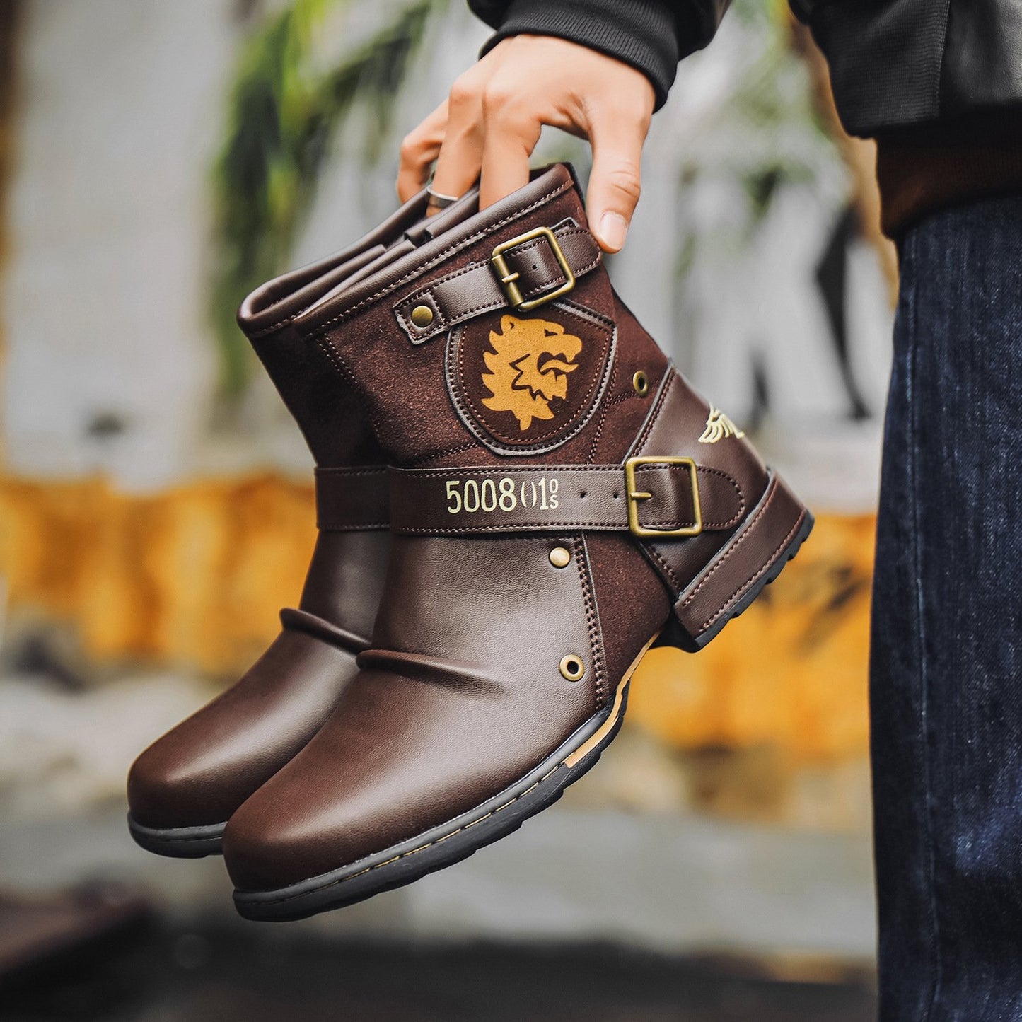 Vintage Metal Buckle Side Zipper Men's Boots