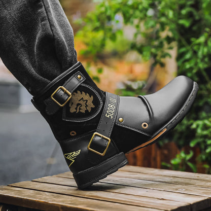 Vintage Metal Buckle Side Zipper Men's Boots