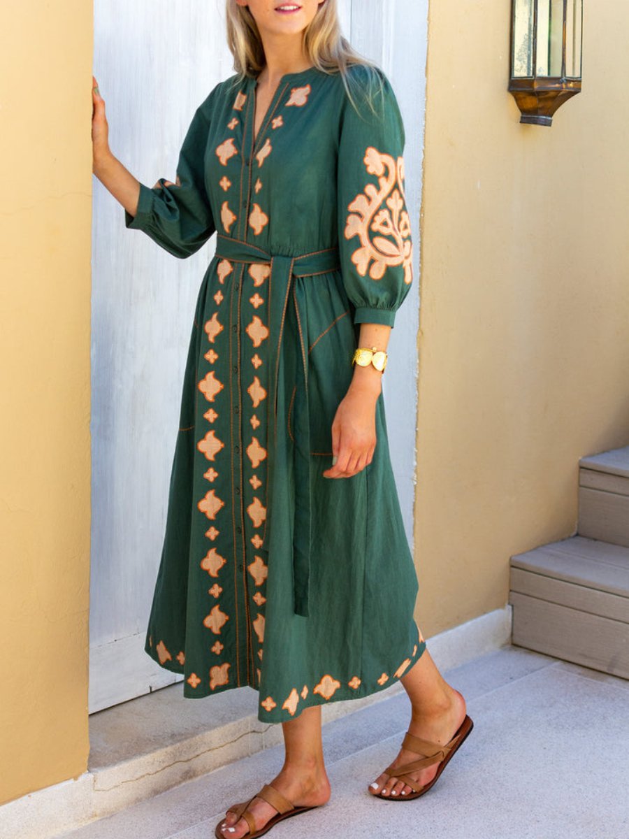 Green Cotton Applique Dress