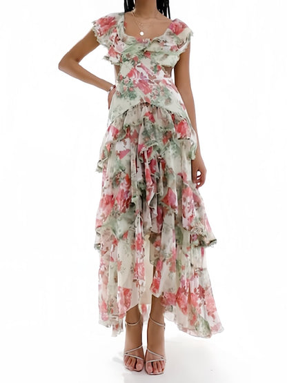 Floral Printed Tiered Hem Lace Trimmed Midi Dress