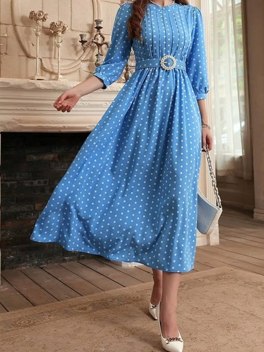 Long Sleeve Round Neck Printed Puff Sleeve Maxi Dress