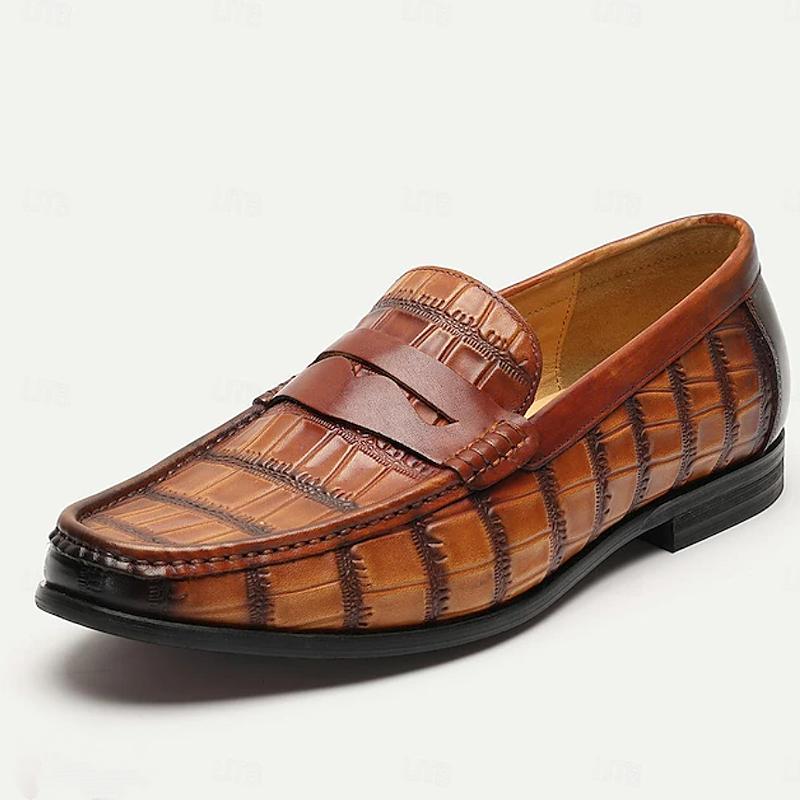 Men's Premium Cowhide Leather Crocodile Pattern Penny Loafers